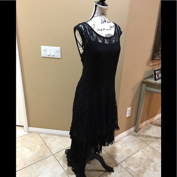 New Black Floral Lace Asymmetrical Dress - Picture 8 of 8